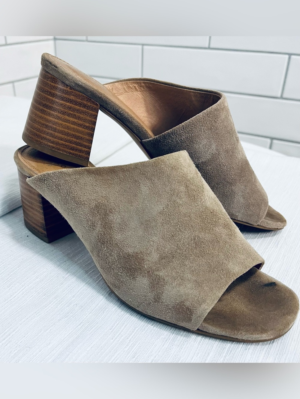 Halogen Taupe Suede Open-Toe Block Heel Mules